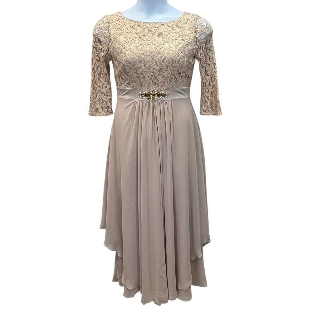 Eliza J Dress Size 6 Buff Chiffon Layered Hem Beaded Mother of Bride 3/4 Sleeve